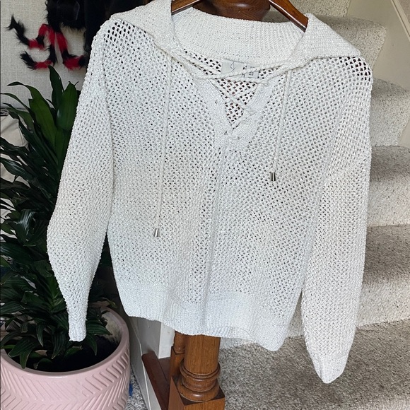 Joie White V-Neck Knit Sparkle Holiday Sweater - Picture 4 of 10